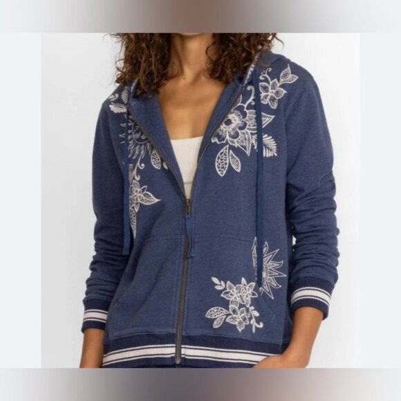 Johnny Was Addison Rib Detail Zip Up Indigo Blue Hoodie Sweatshirt Size Medium - Picture 10 of 12